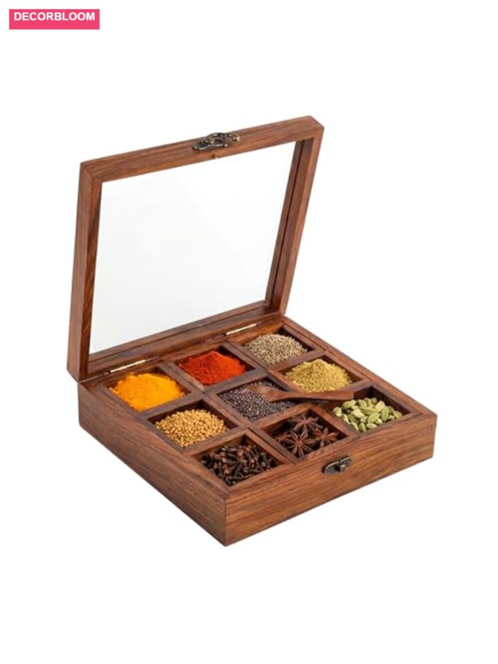 Square Wooden Spice Box Organizer 9 Compartment Rosewood Masala Dabba for